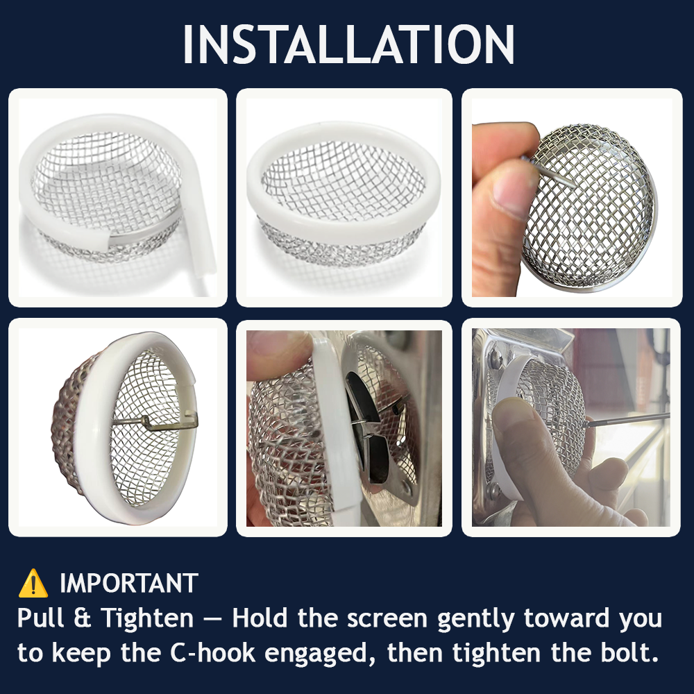 RV Furnace Vent Screen 2 Pack, Stainless Steel Mesh, C-Hook Lock & Silicone Seal, (2.8 Round 2set)